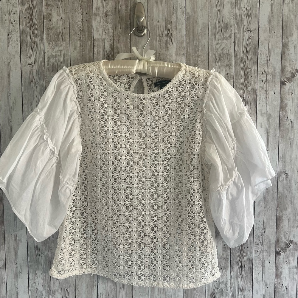 Stella & Dot White Lace Crotchet Sheer Preppy Blouse with Puff Sleeves XS